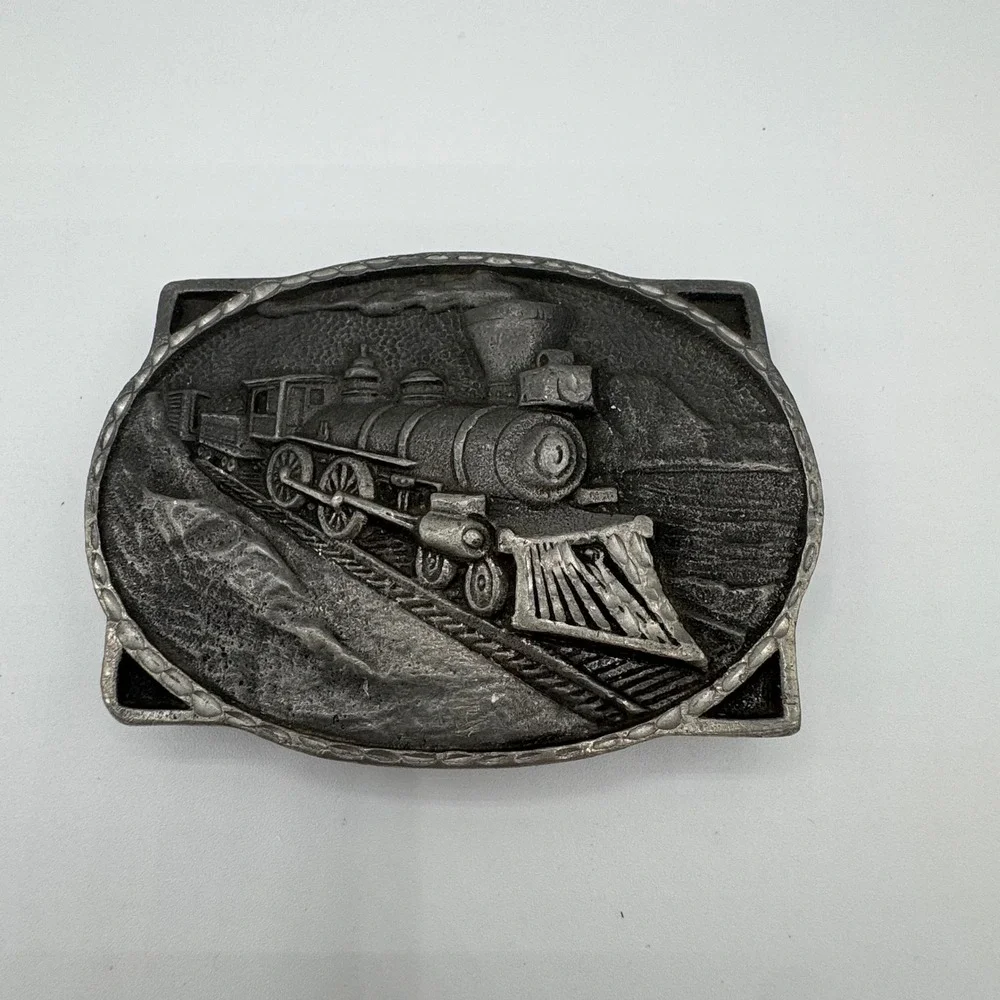 Vintage Steam Locomotive Train Belt Buckle Pewter Tone Railroad Mountain Scene